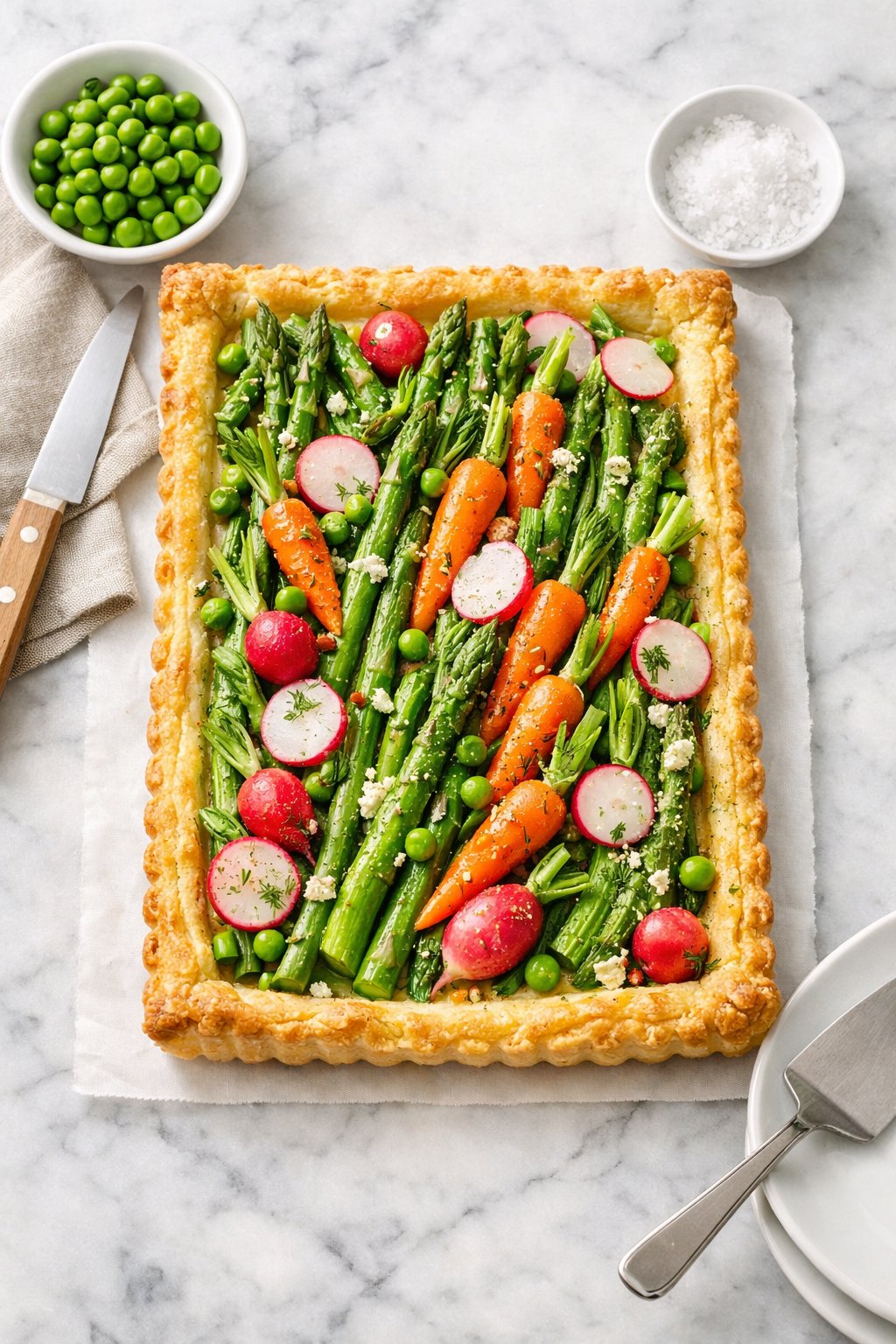 An overheard picture view of a plate of Spring Vegetable Tart sitting on a marble countertop table in the kitchen, martha stewart food photography style.