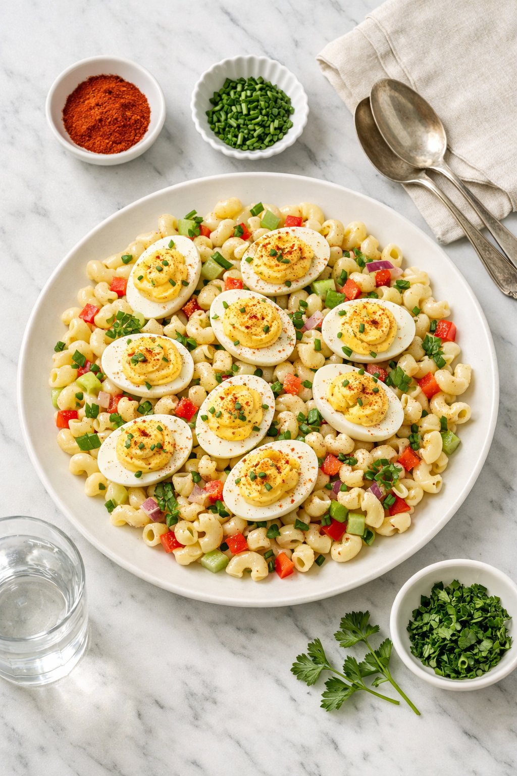 An overheard picture view of a plate of Deviled Egg Pasta Salad sitting on a marble countertop table in the kitchen, martha stewart food photography style.