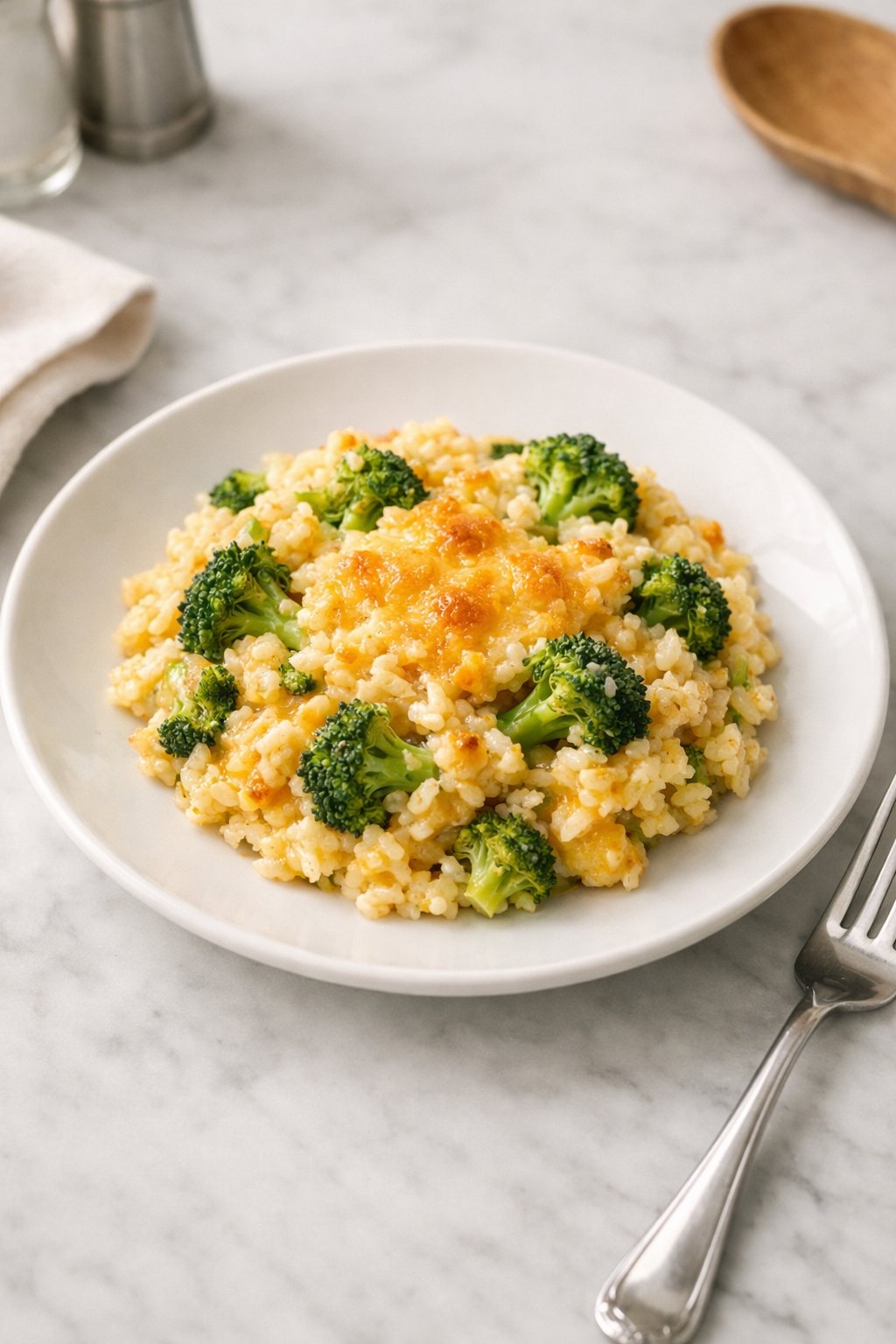 An overheard picture view of a plate of Broccoli Rice Casserole sitting on a marble countertop table in the kitchen, martha stewart food photography style.