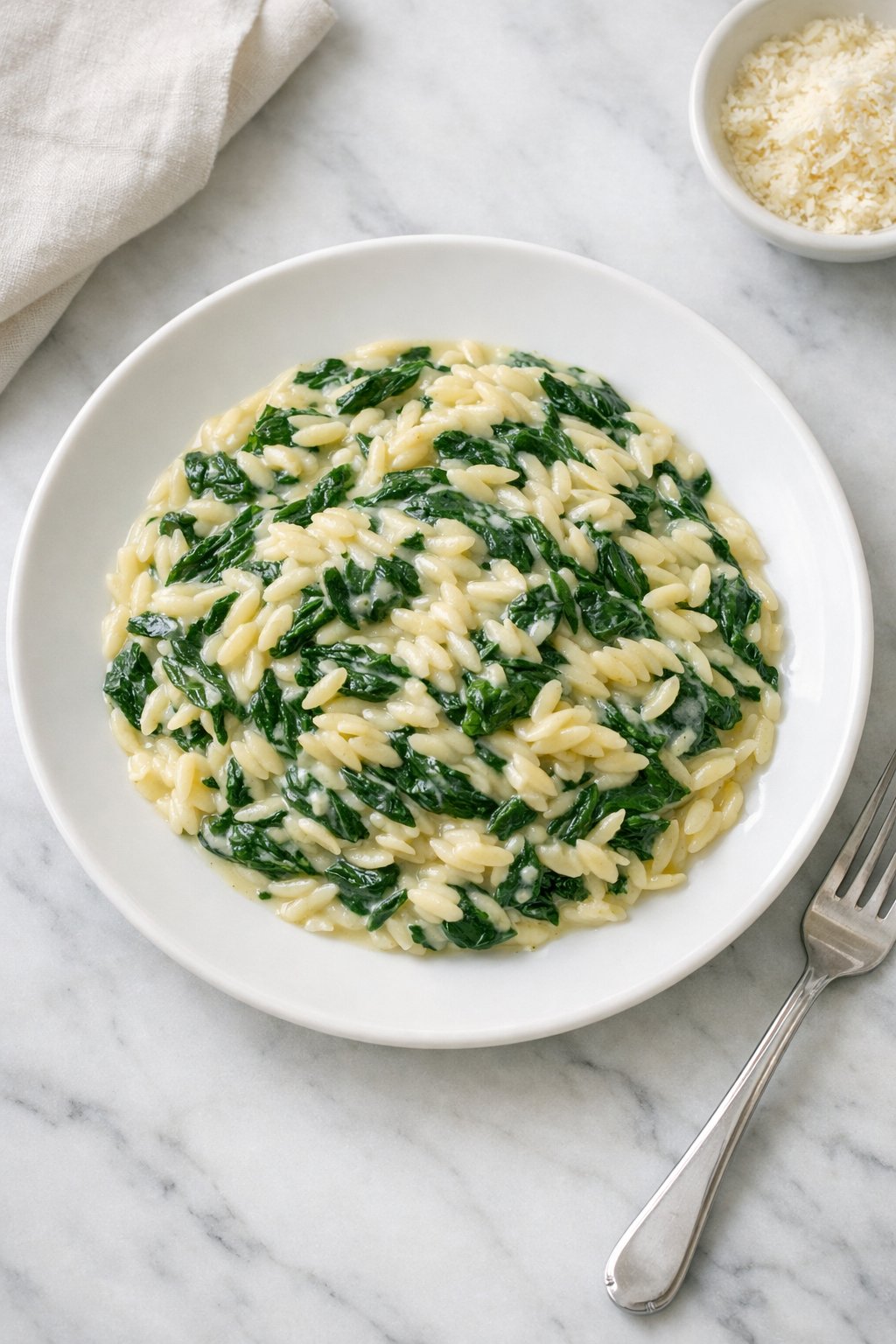 An overheard picture view of a plate of Creamy Spinach Orzo sitting on a marble countertop table in the kitchen, martha stewart food photography style.
