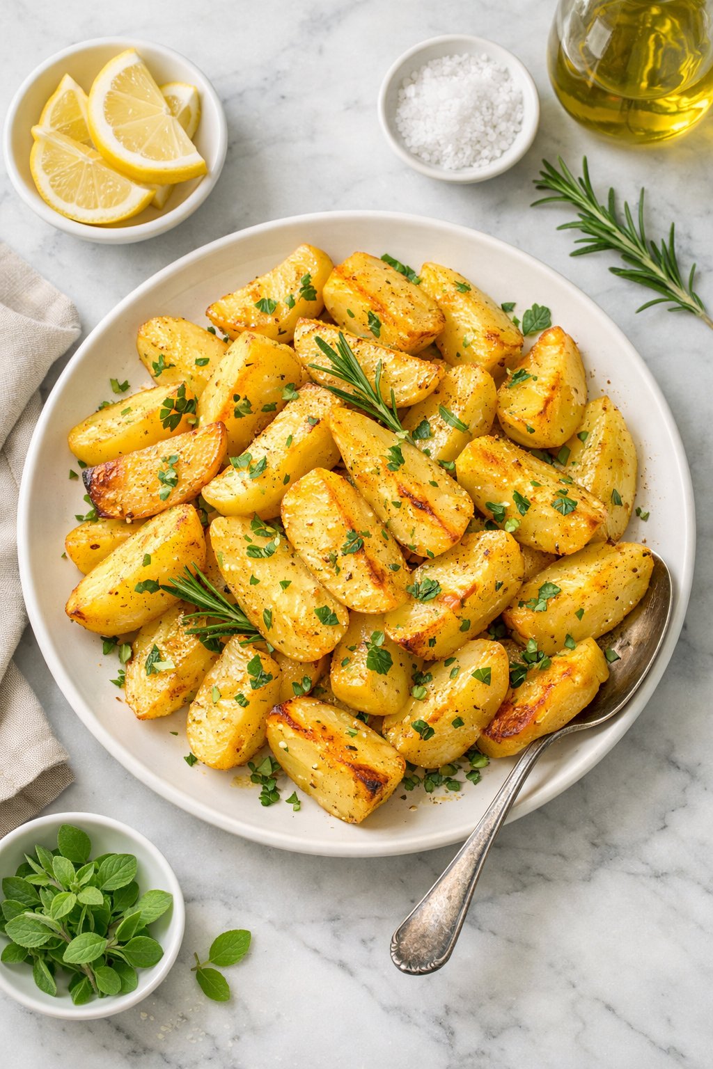 An overheard picture view of a plate of Greek Lemon Potatoes sitting on a marble countertop table in the kitchen, martha stewart food photography style.