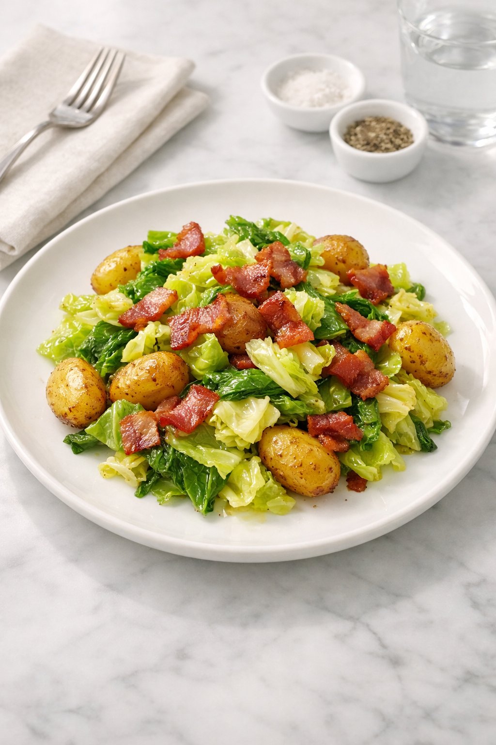 An overheard picture view of a plate of Cabbage and Potatoes with Bacon sitting on a marble countertop table in the kitchen, martha stewart food photography style.