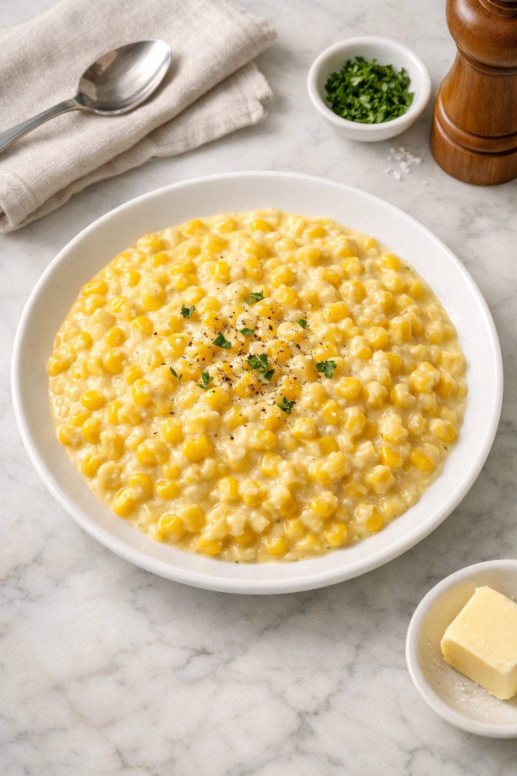 An overheard picture view of a plate of Creamed Corn sitting on a marble countertop table in the kitchen, martha stewart food photography style.