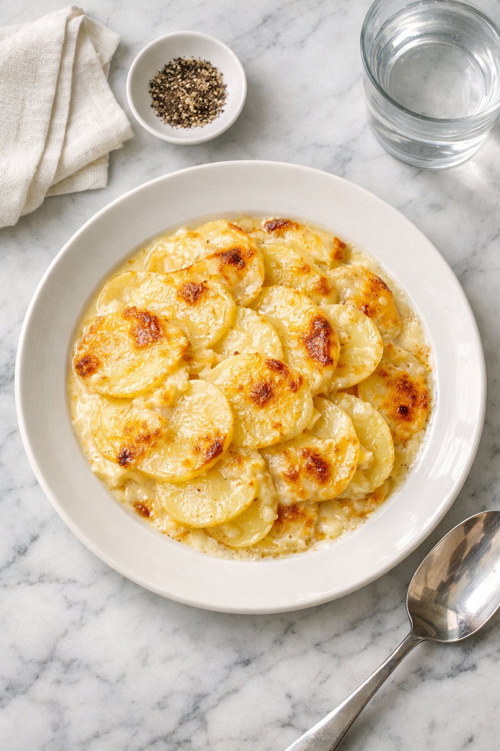 An overheard picture view of a plate of Creamy Scalloped Potatoes sitting on a marble countertop table in the kitchen, martha stewart food photography style.