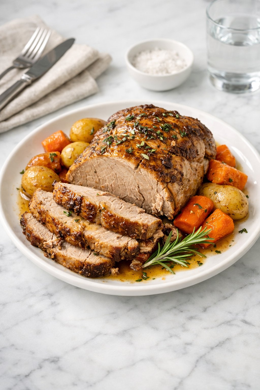 An overheard picture view of a plate of Slow Cooker Crockpot Pork Roast sitting on a marble countertop table in the kitchen, martha stewart food photography style.
