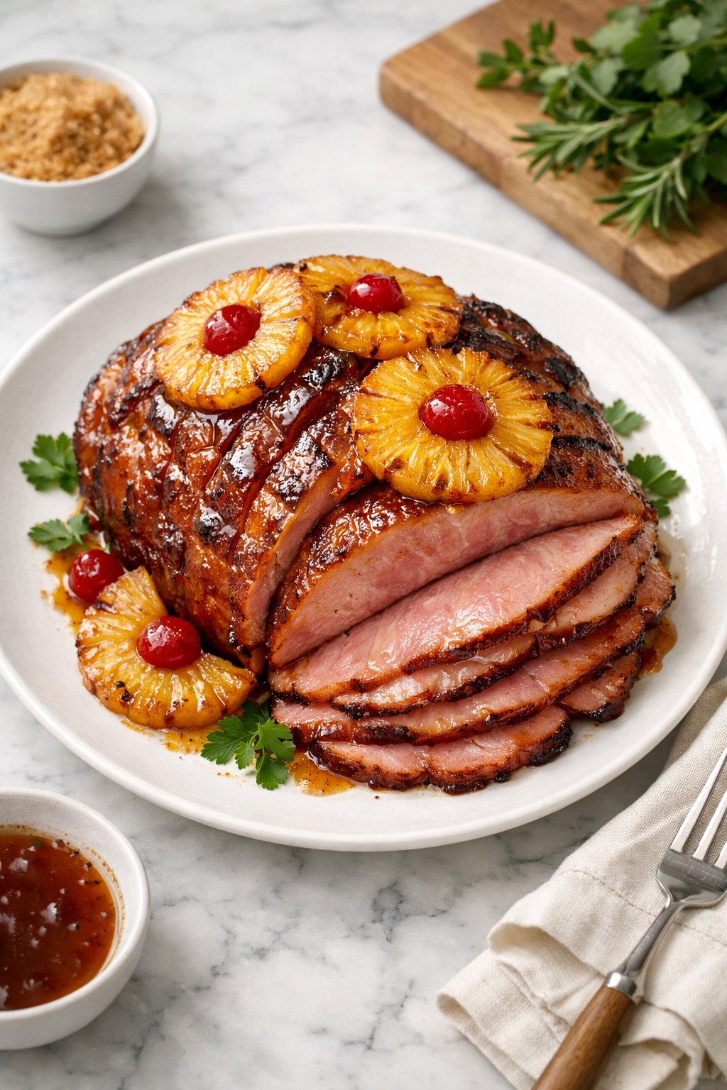 An overheard picture view of a plate of Brown Sugar Pineapple Ham sitting on a marble countertop table in the kitchen, martha stewart food photography style.