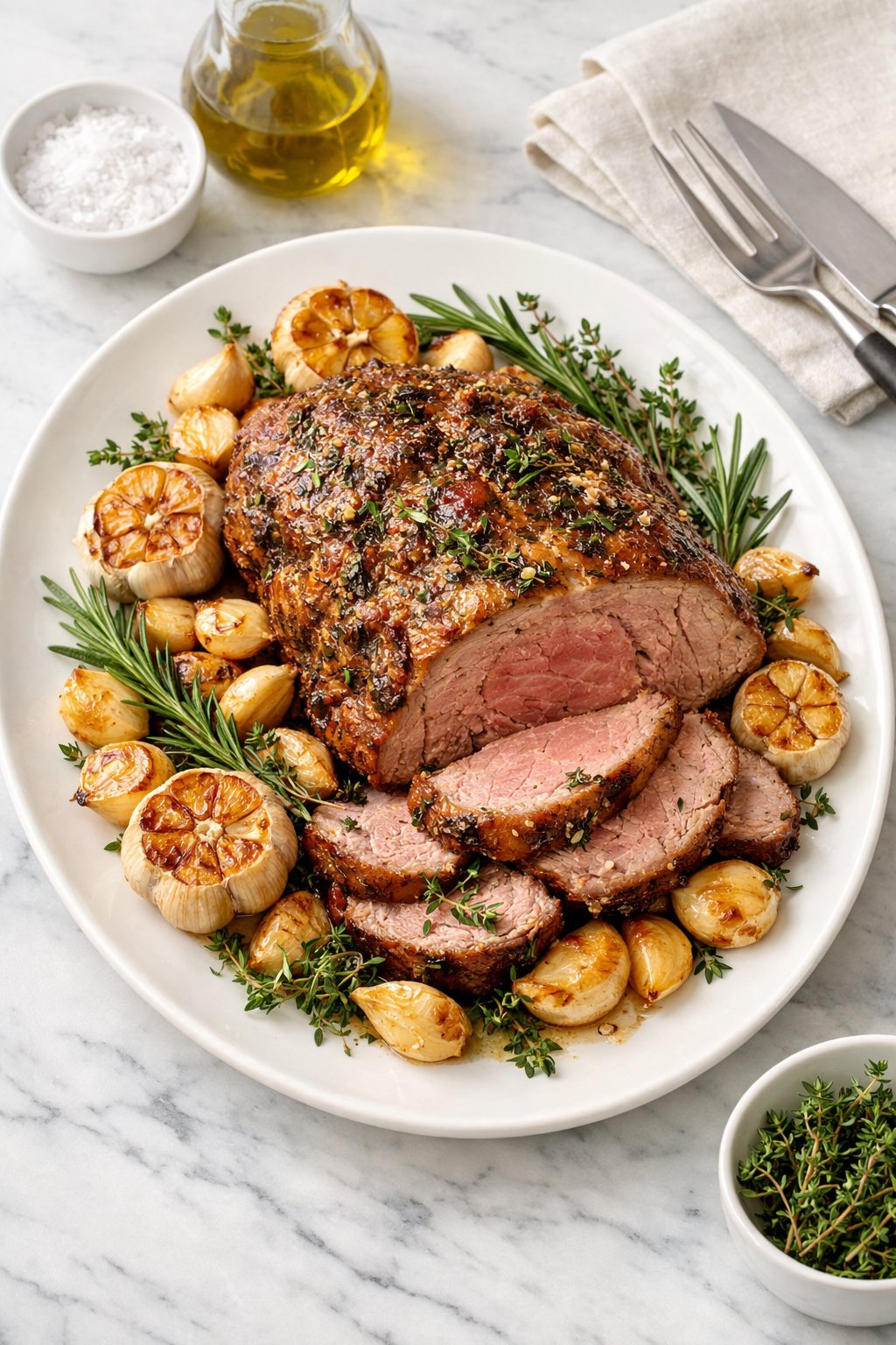 An overheard picture view of a plate of Garlic Herb Roasted Lamb sitting on a marble countertop table in the kitchen, martha stewart food photography style.