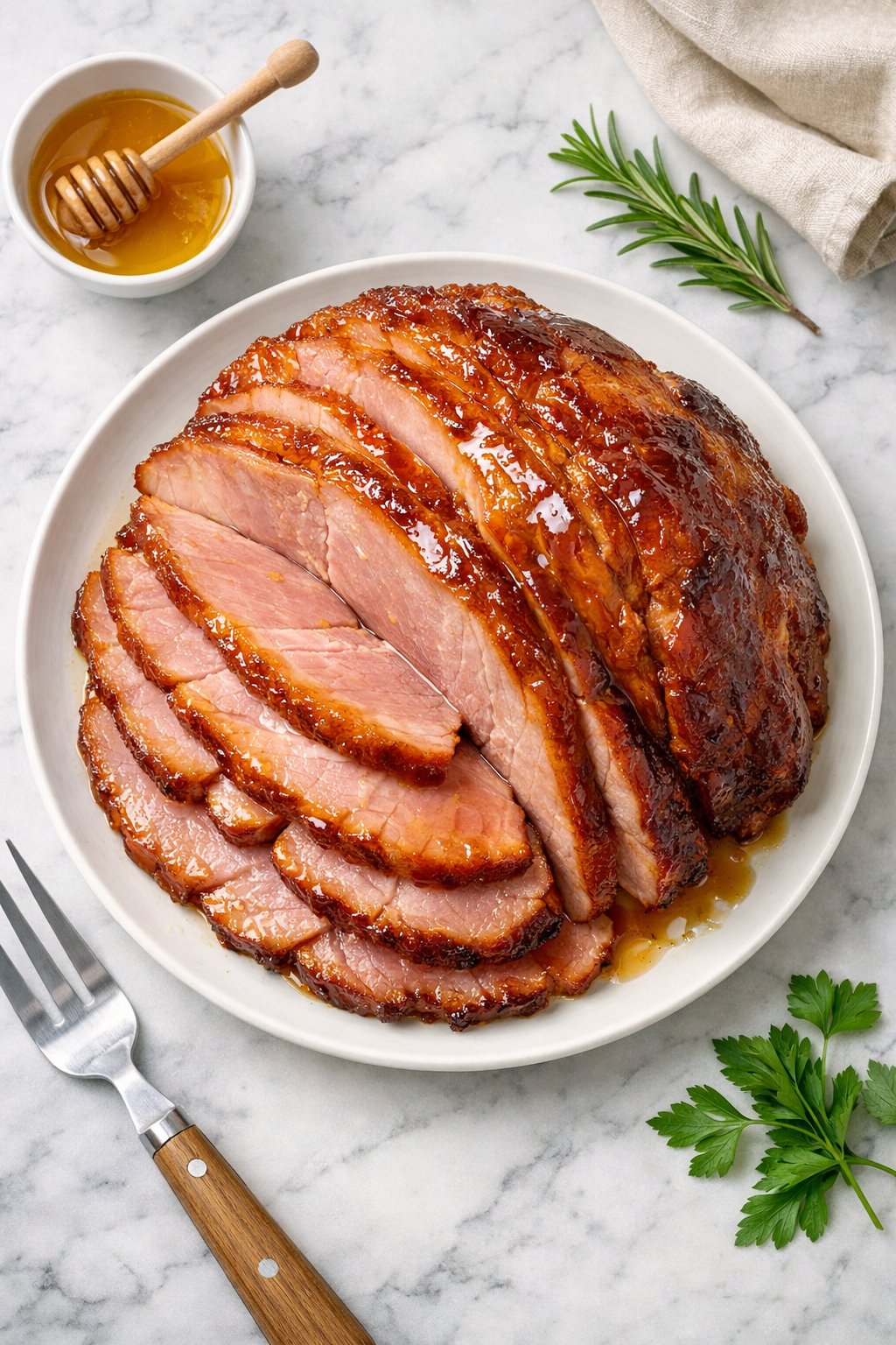 An overheard picture view of a plate of Honey Glazed Ham sitting on a marble countertop table in the kitchen, martha stewart food photography style.