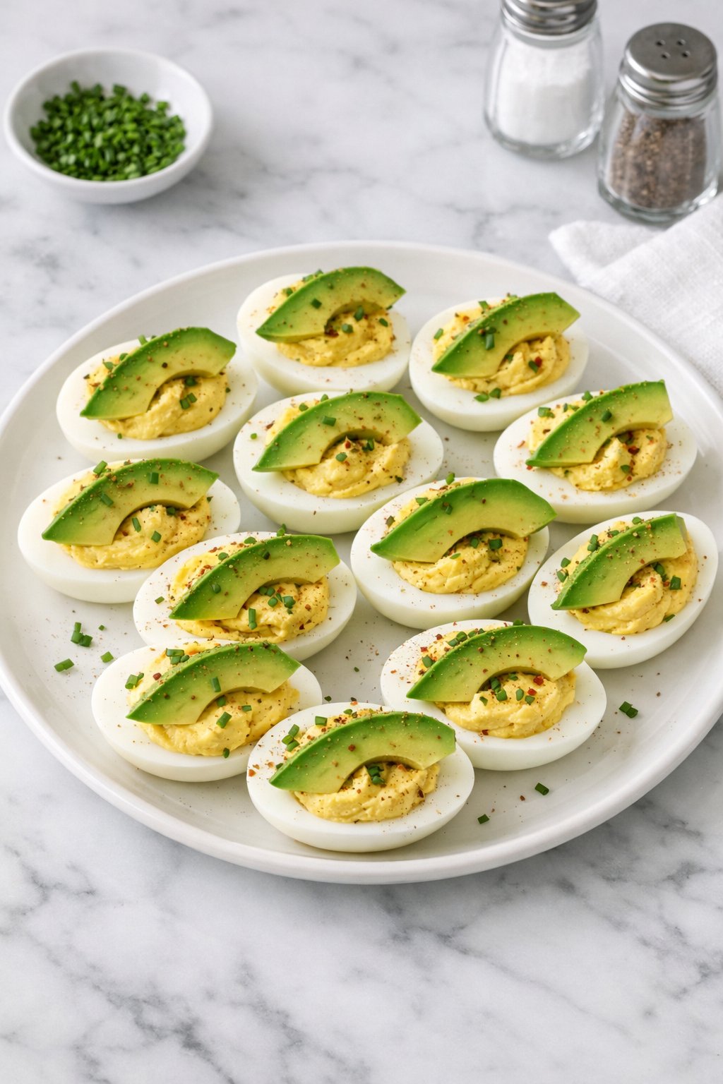 An overheard picture view of a plate of Deviled Eggs with Avocado sitting on a marble countertop table in the kitchen, martha stewart food photography style.