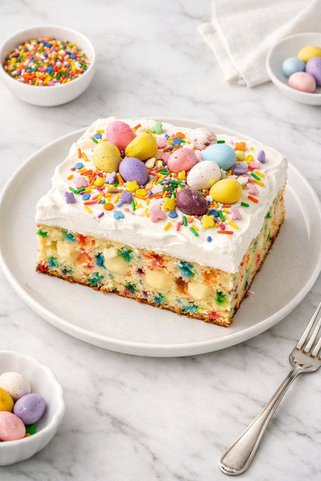 An overheard picture view of a plate of Funfetti Easter Poke Cake sitting on a marble countertop table in the kitchen, martha stewart food photography style.