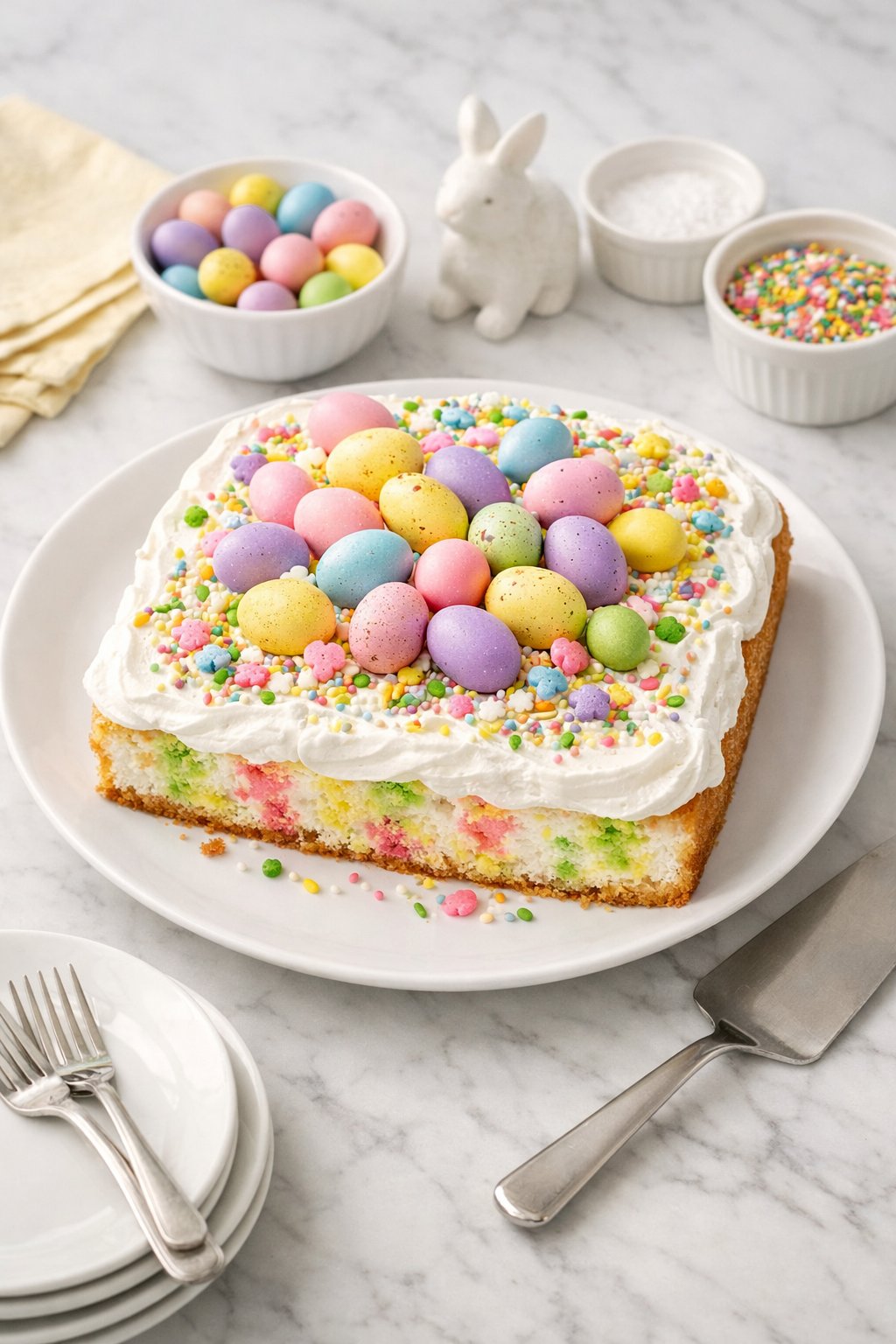 An overheard picture view of a plate of Easter Egg Hunt Poke Cake sitting on a marble countertop table in the kitchen, martha stewart food photography style.