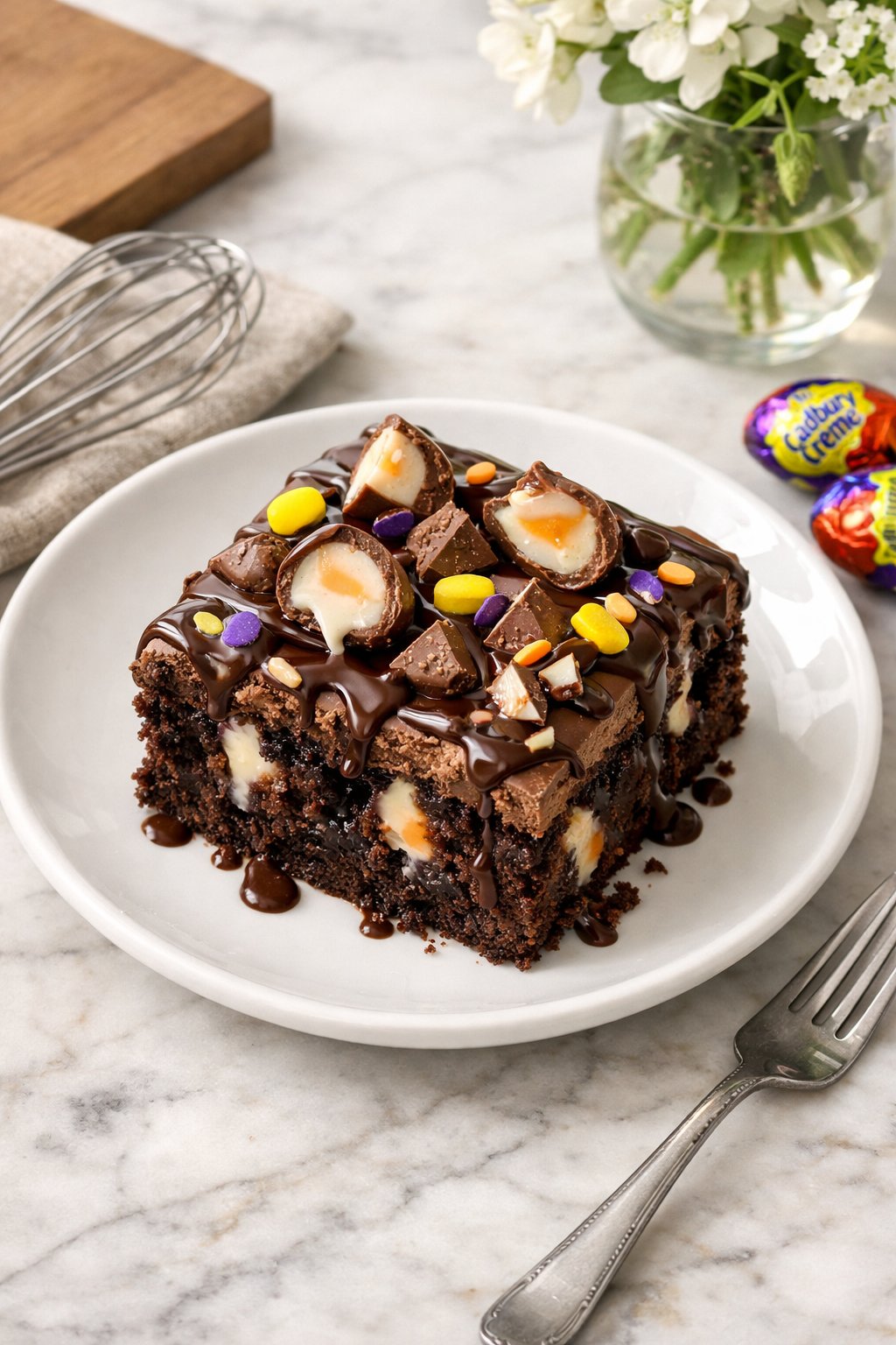 An overheard picture view of a plate of Chocolate Cadbury Creme Egg Poke Cake sitting on a marble countertop table in the kitchen, martha stewart food photography style.