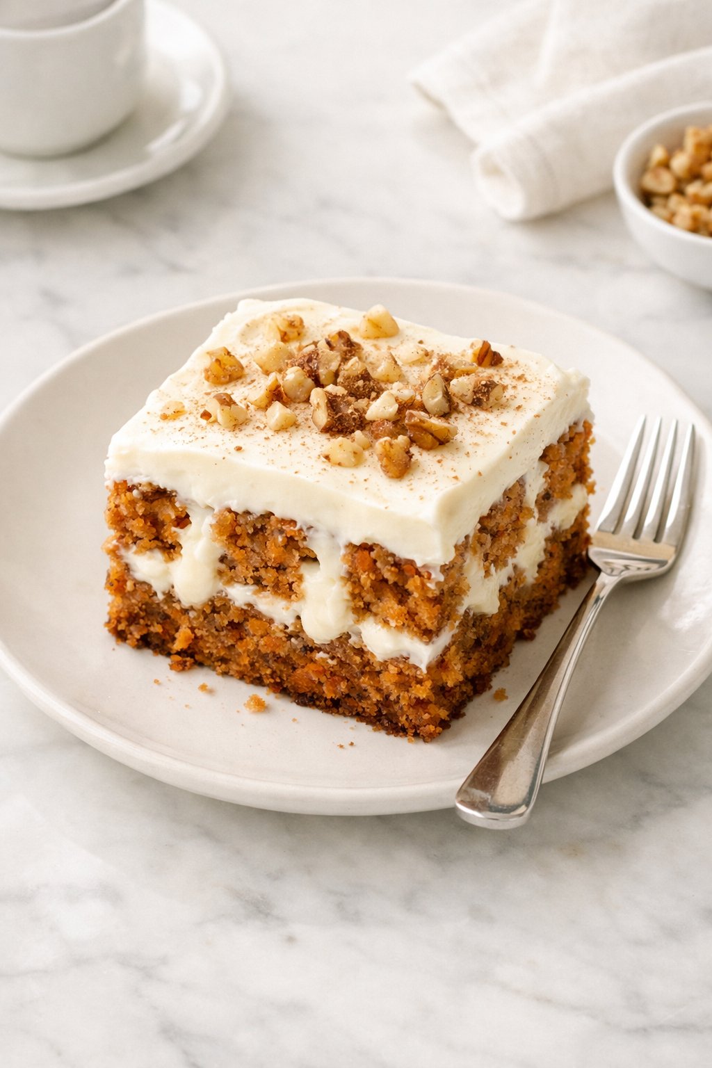 An overheard picture view of a plate of Carrot Cake Poke Cake with Cream Cheese Filling sitting on a marble countertop table in the kitchen, martha stewart food photography style.