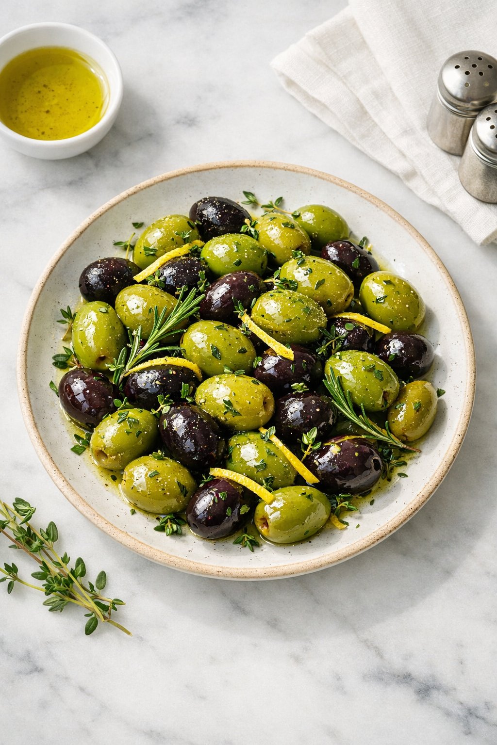 An overheard picture view of a plate of Lemon and Herb Marinated Olives sitting on a marble countertop table in the kitchen, martha stewart food photography style.