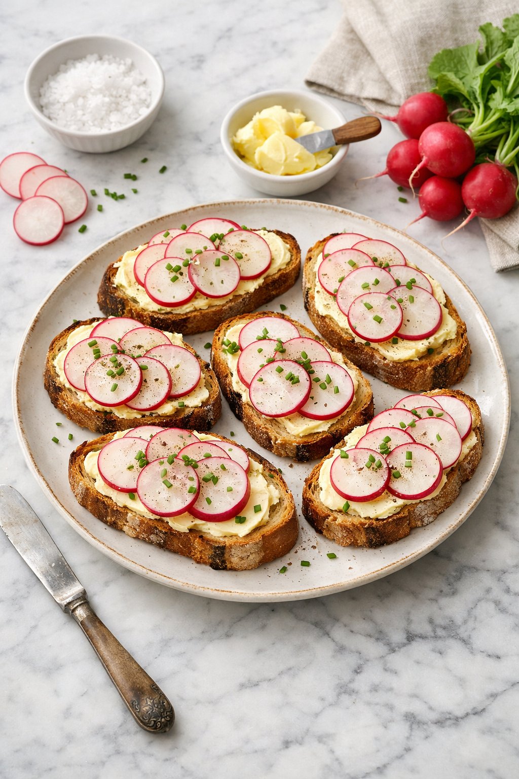 An overheard picture view of a plate of Radish and Butter Tartines sitting on a marble countertop table in the kitchen, martha stewart food photography style.