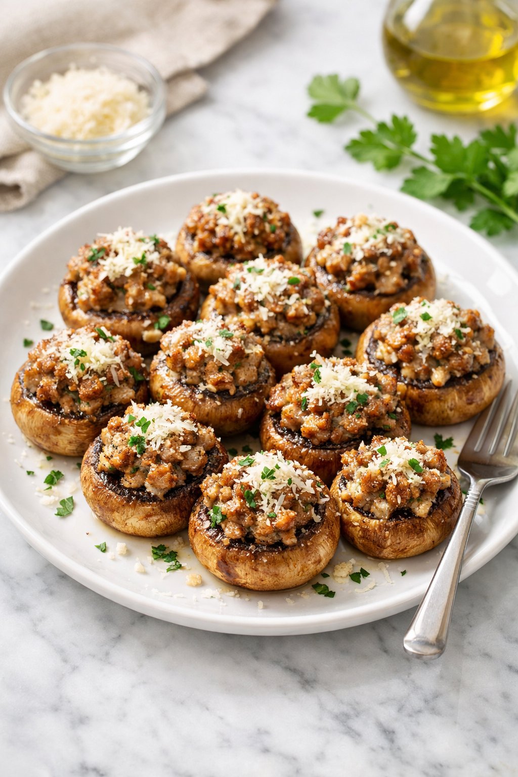 An overheard picture view of a plate of Stuffed Mushrooms with Sausage and Parmesan sitting on a marble countertop table in the kitchen, martha stewart food photography style.