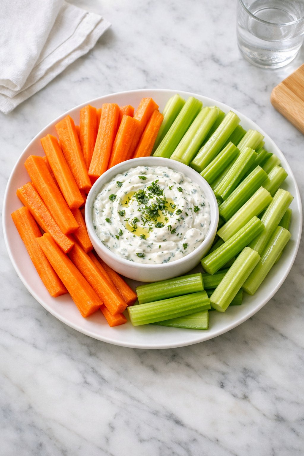 An overheard picture view of a plate of Carrot and Celery Sticks with Herby Yogurt Dip on a marble countertop table in the kitchen, martha stewart food photography style.
