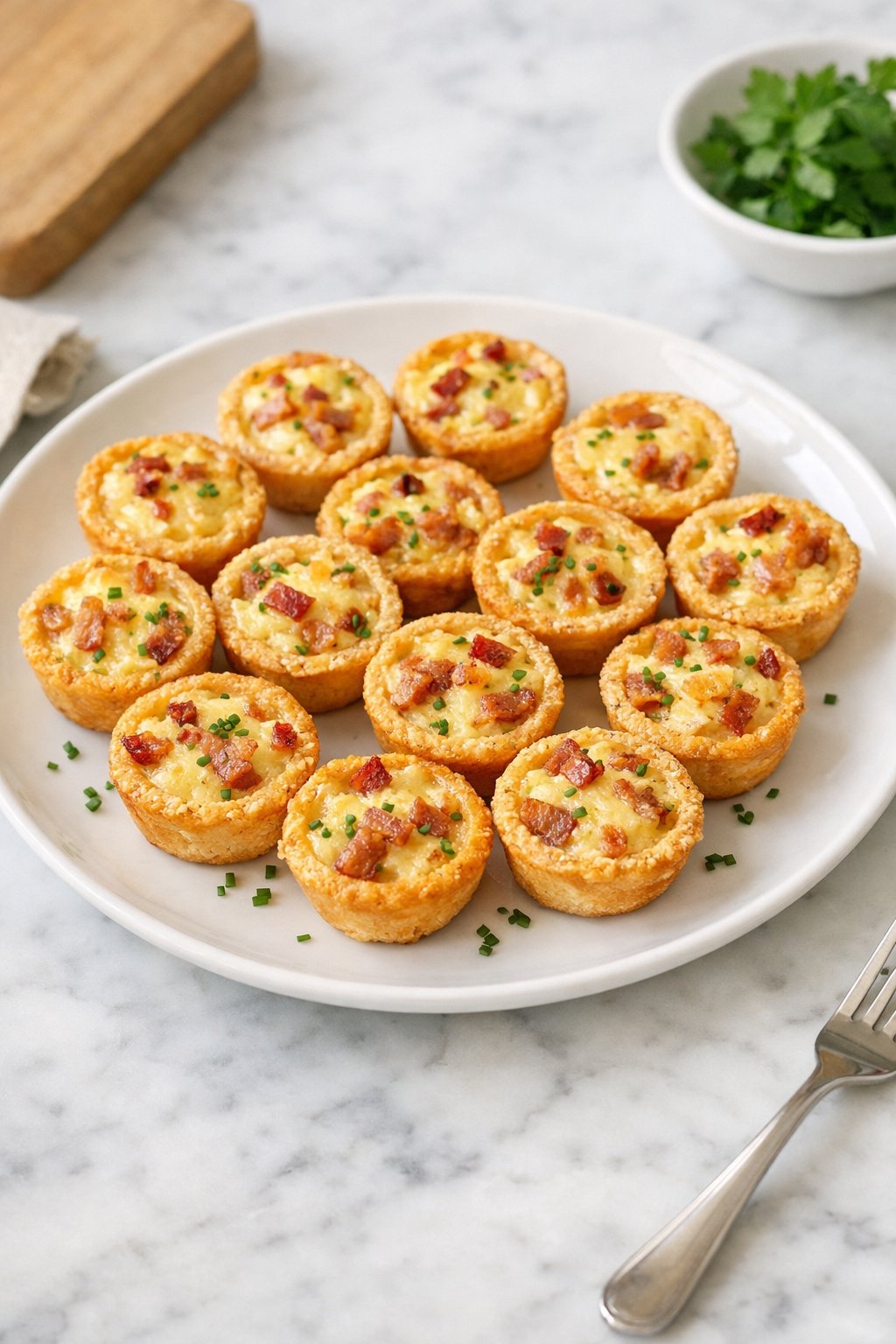 An overheard picture view of a plate of Mini Quiche Lorraine Bites sitting on a marble countertop table in the kitchen, martha stewart food photography style.