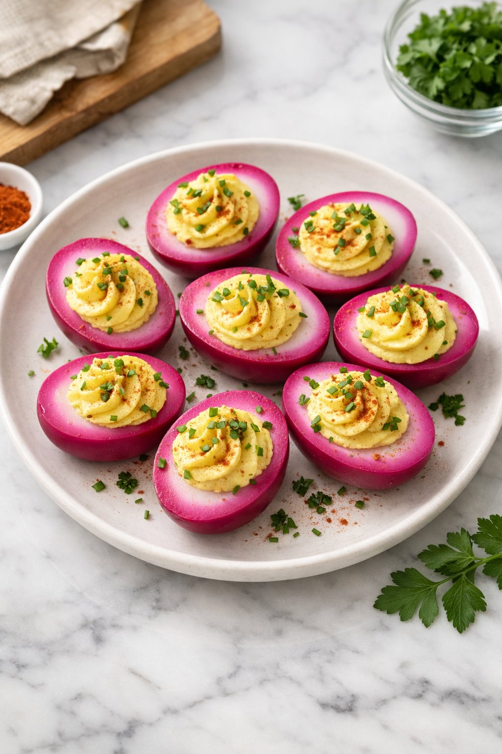 An overheard picture view of a plate of Pickled Deviled Eggs sitting on a marble countertop table in the kitchen, martha stewart food photography style.