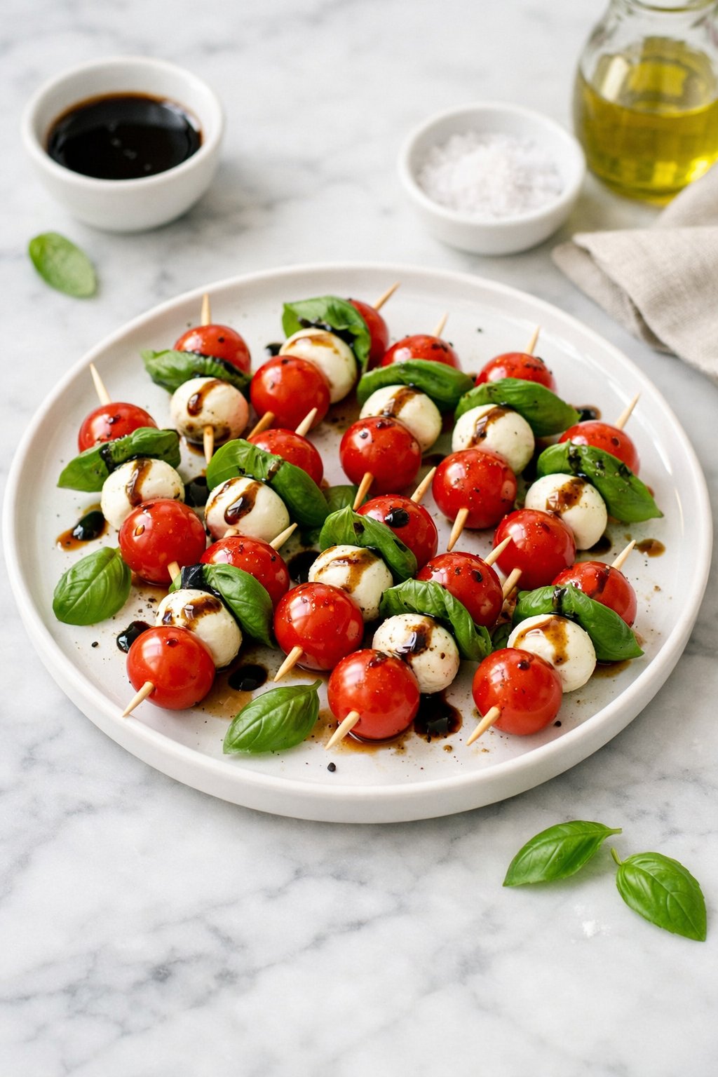 An overheard picture view of a plate of Mini Caprese Skewers sitting on a marble countertop table in the kitchen, martha stewart food photography style.