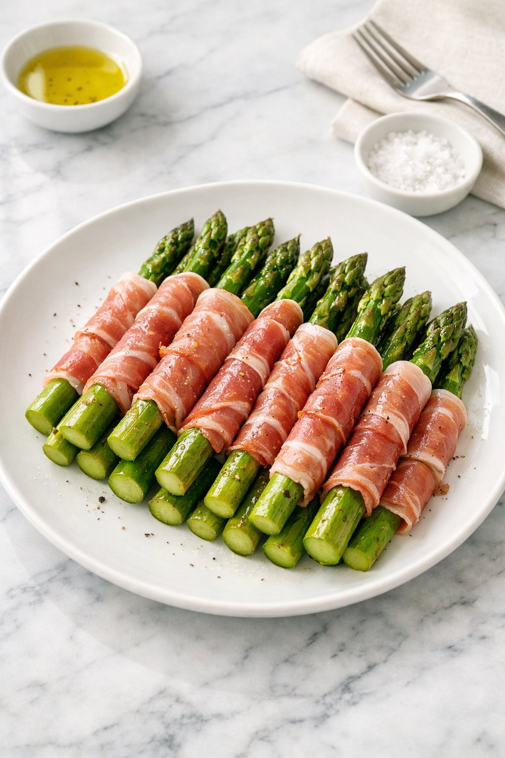 An overheard picture view of a plate of Prosciutto-Wrapped Asparagus sitting on a marble countertop table in the kitchen, martha stewart food photography style.