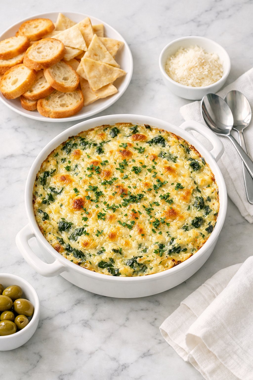 An overheard picture view of a plate of Hot Spinach and Artichoke Dip sitting on a marble countertop table in the kitchen, martha stewart food photography style.