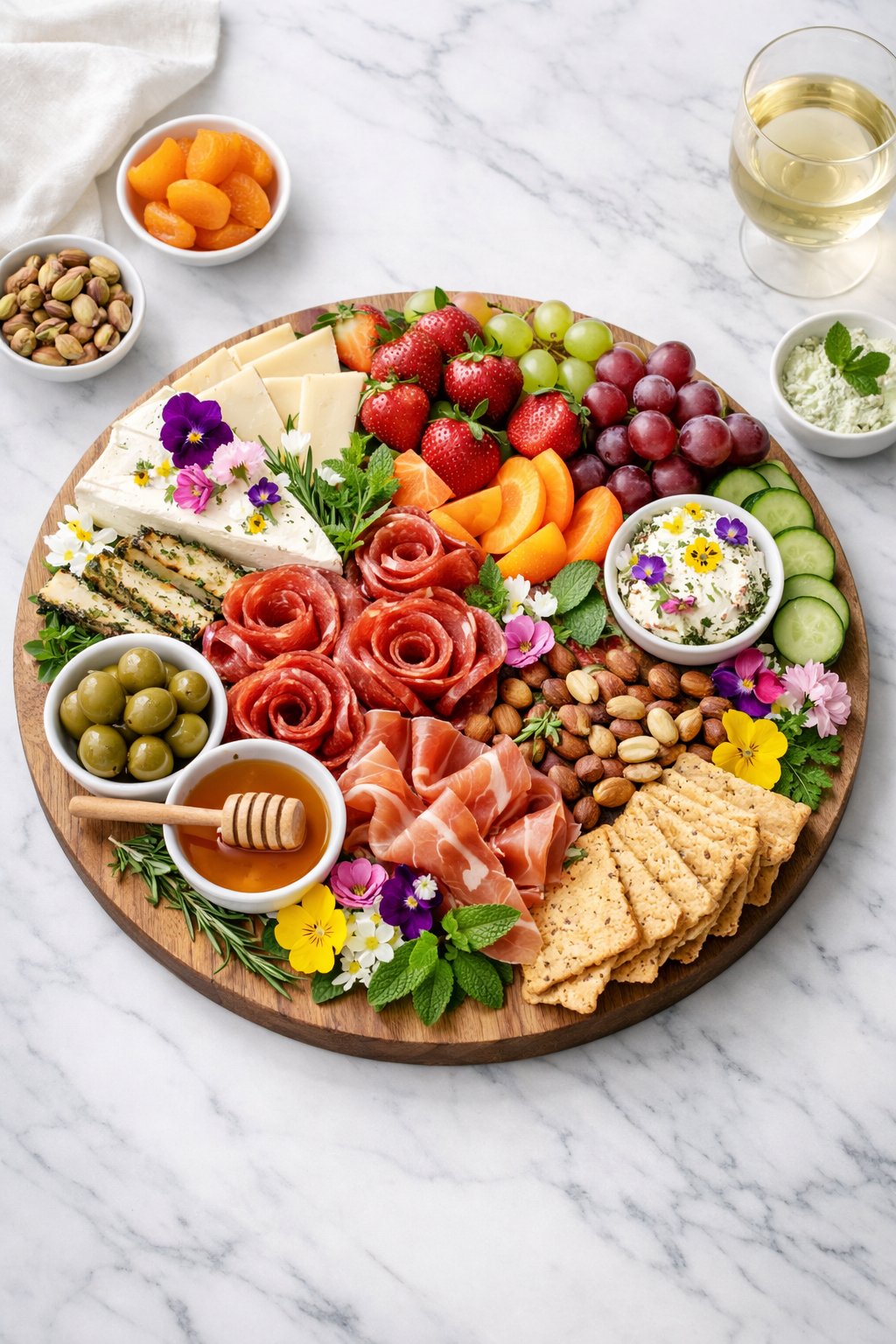 An overheard picture view of a plate of Spring Charcuterie Board sitting on a marble countertop table in the kitchen, martha stewart food photography style.