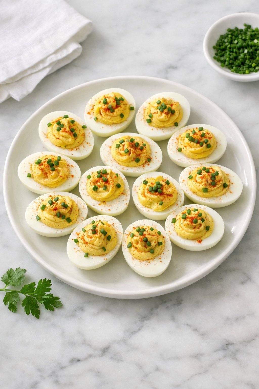 An overheard picture view of a plate of Classic Deviled Eggs sitting on a marble countertop table in the kitchen, martha stewart food photography style.