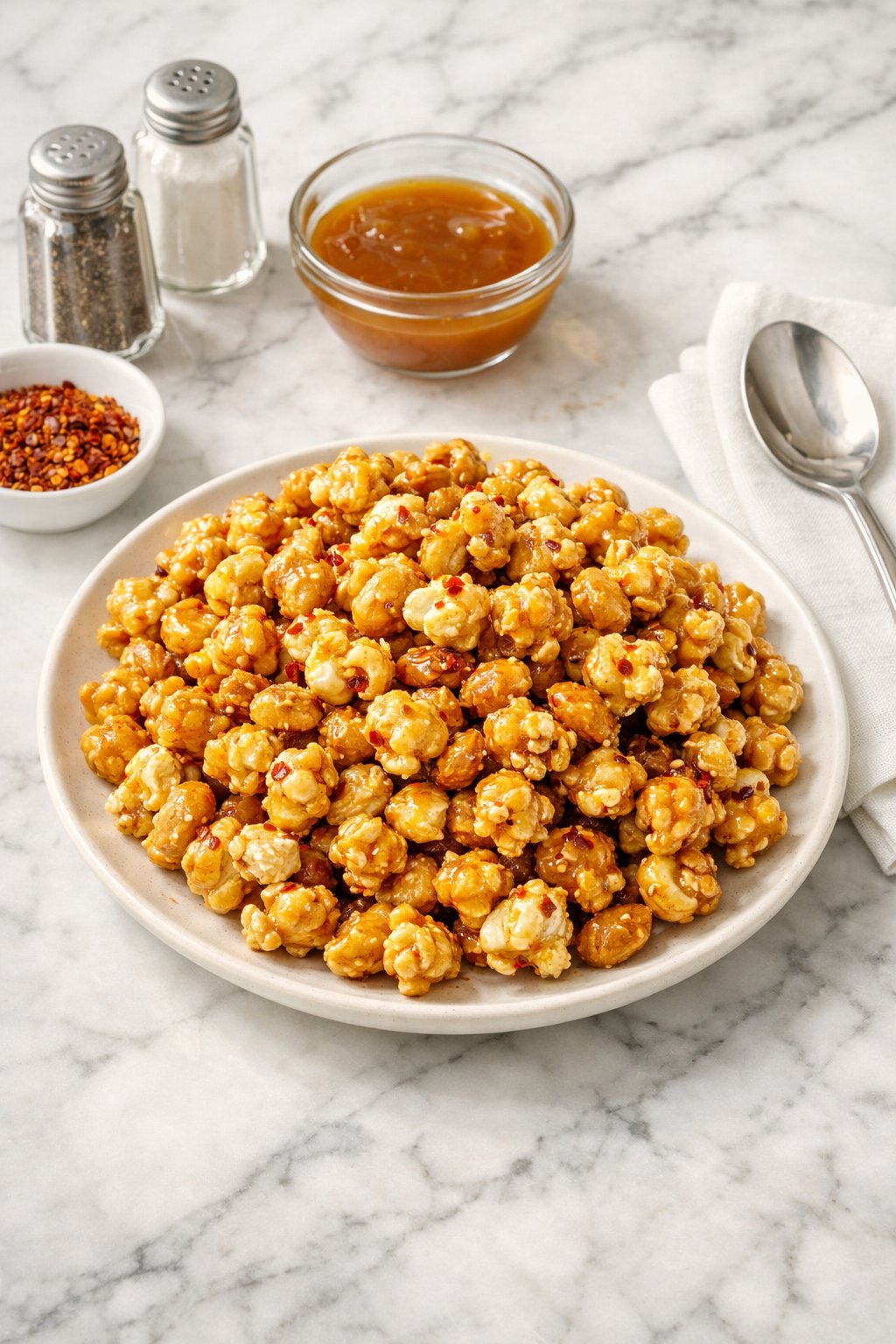 An overheard picture view of a plate of 'Swicy' Caramel Corn sitting on a marble countertop table in the kitchen, martha stewart food photography style.
