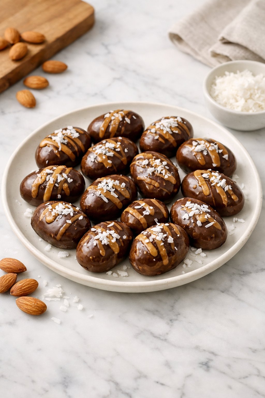 An overheard picture view of a plate of Coconut Almond Butter Eggs sitting on a marble countertop table in the kitchen, martha stewart food photography style.