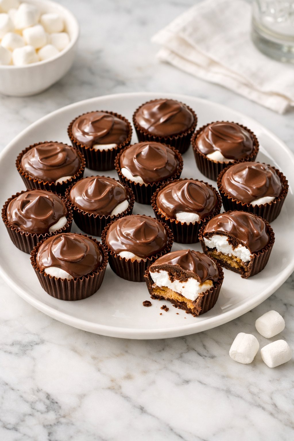 An overheard picture view of a plate of Easy Chocolate Marshmallow Cups sitting on a marble countertop table in the kitchen, martha stewart food photography style.