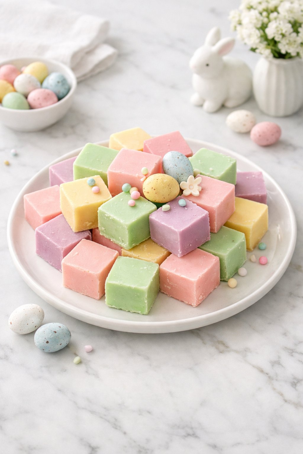 An overheard picture view of a plate of Easter Fudge with Pastel Colors sitting on a marble countertop table in the kitchen, martha stewart food photography style.