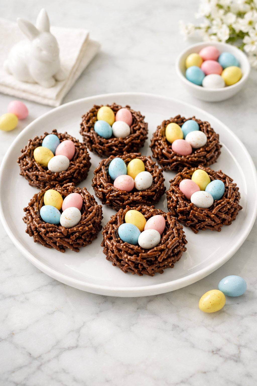 An overheard picture view of a plate of Easter Chocolate Nests sitting on a marble countertop table in the kitchen, martha stewart food photography style.