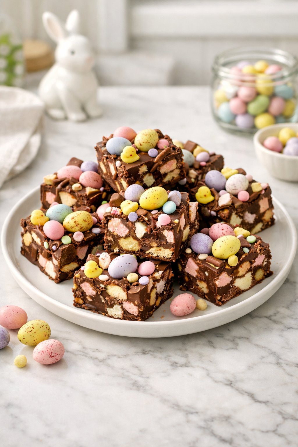 An overheard picture view of a plate of Easter Rocky Road sitting on a marble countertop table in the kitchen, martha stewart food photography style.