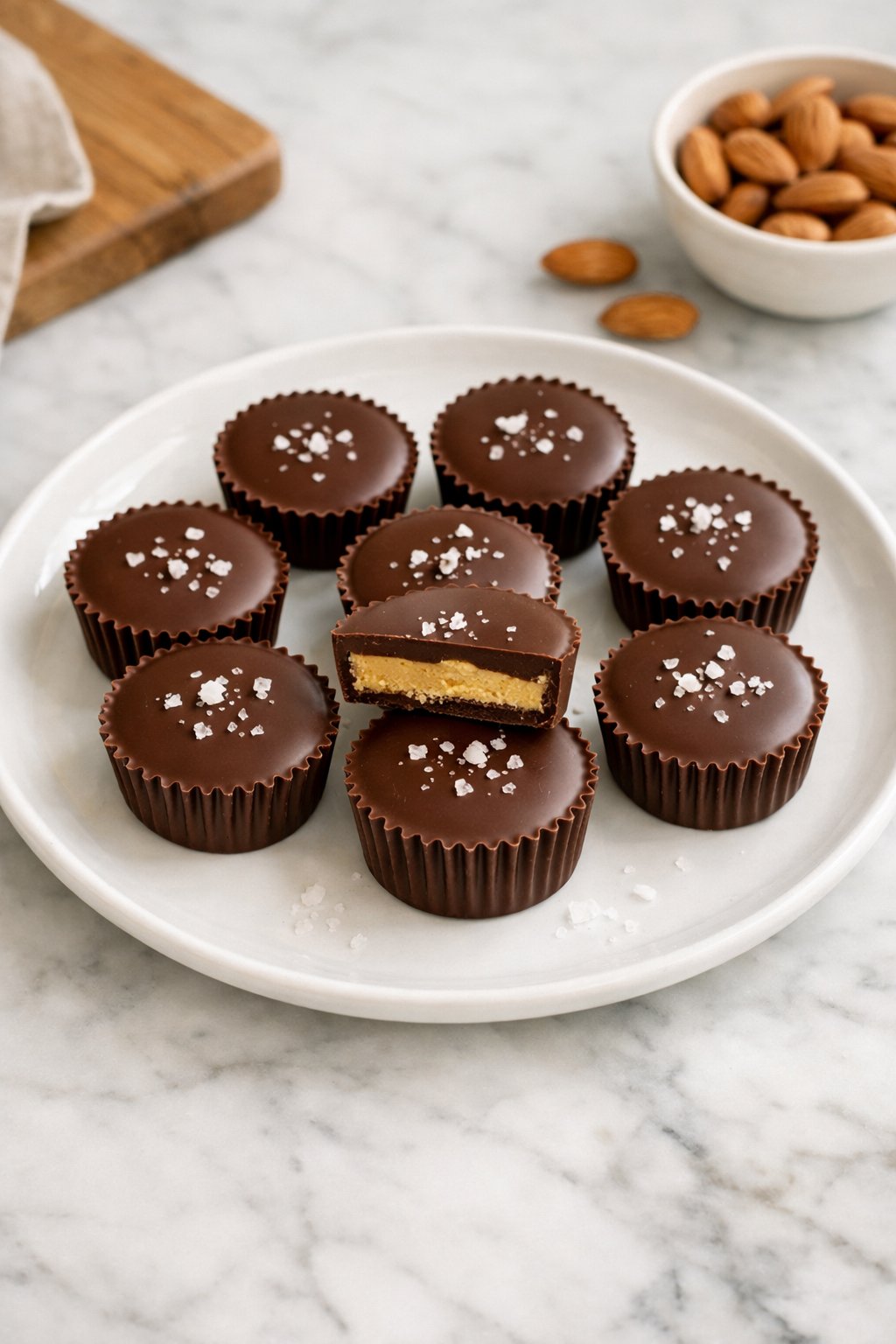 An overheard picture view of a plate of Three-Ingredient Paleo Almond Butter Cups sitting on a marble countertop table in the kitchen, martha stewart food photography style.