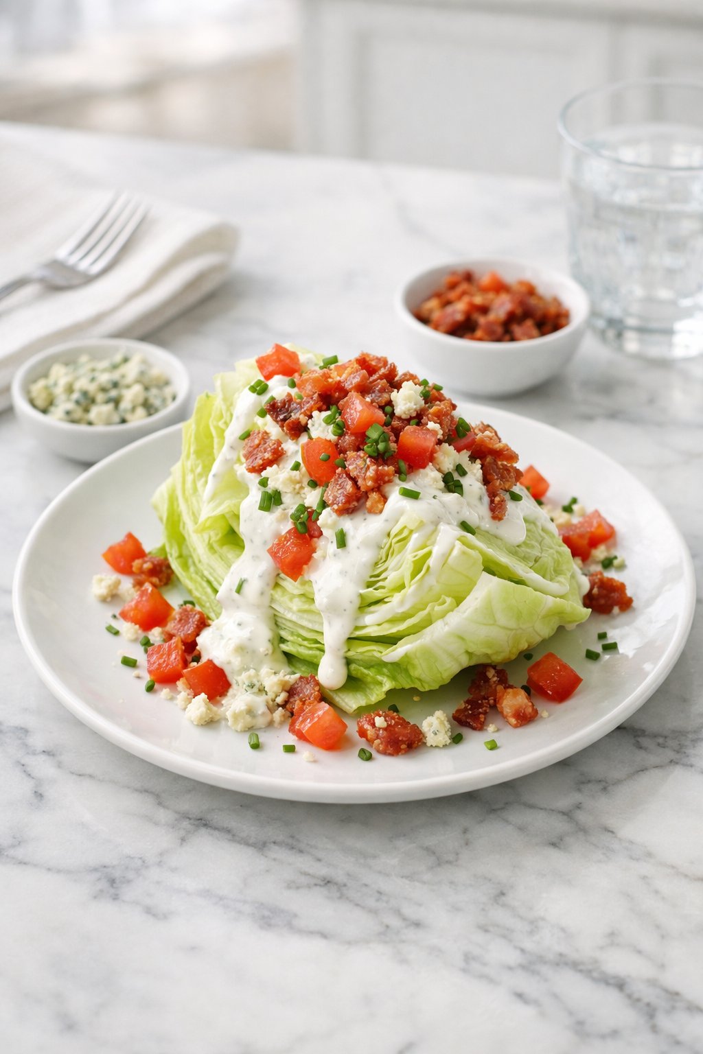 An overheard picture view of a plate of Classic Wedge Salad sitting on a marble countertop table in the kitchen, martha stewart food photography style.