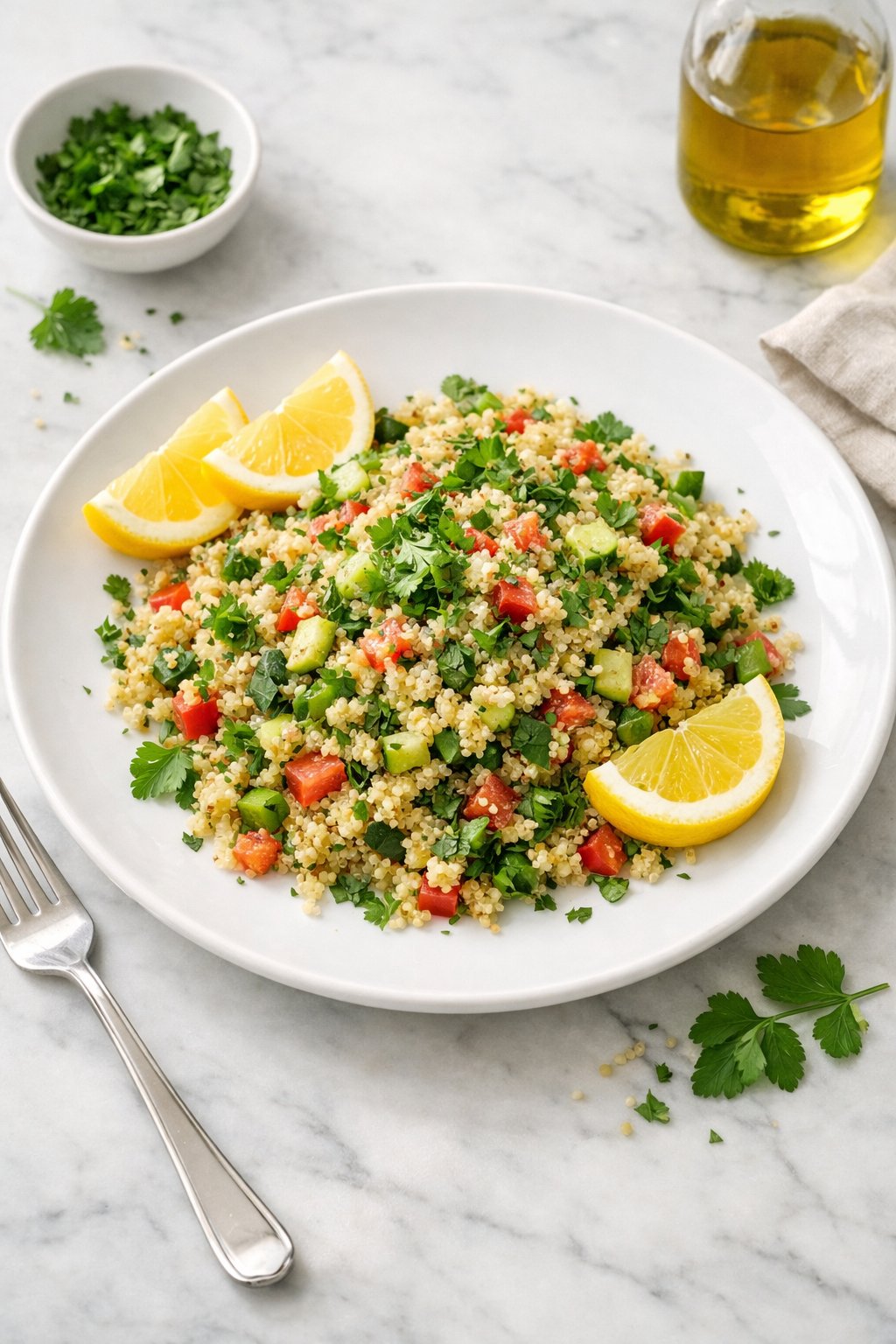 An overheard picture view of a plate of Quinoa Salad with Lemon and Fresh Herbs sitting on a marble countertop table in the kitchen, martha stewart food photography style.