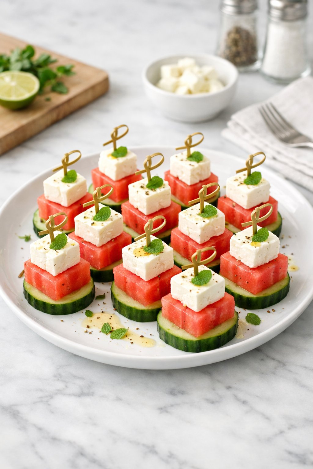 An overheard picture view of a plate of Feta, Watermelon, and Cucumber Bites sitting on a marble countertop table in the kitchen, martha stewart food photography style.