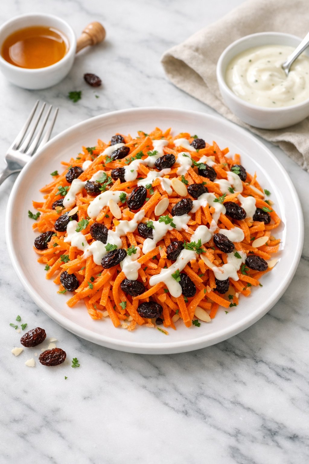 An overheard picture view of a plate of Carrot Raisin Salad with Honey Yogurt Dressing sitting on a marble countertop table in the kitchen, martha stewart food photography style.