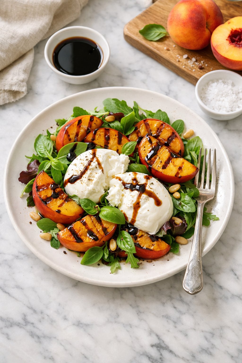An overheard picture view of a plate of Grilled Peach and Burrata Salad sitting on a marble countertop table in the kitchen, martha stewart food photography style.