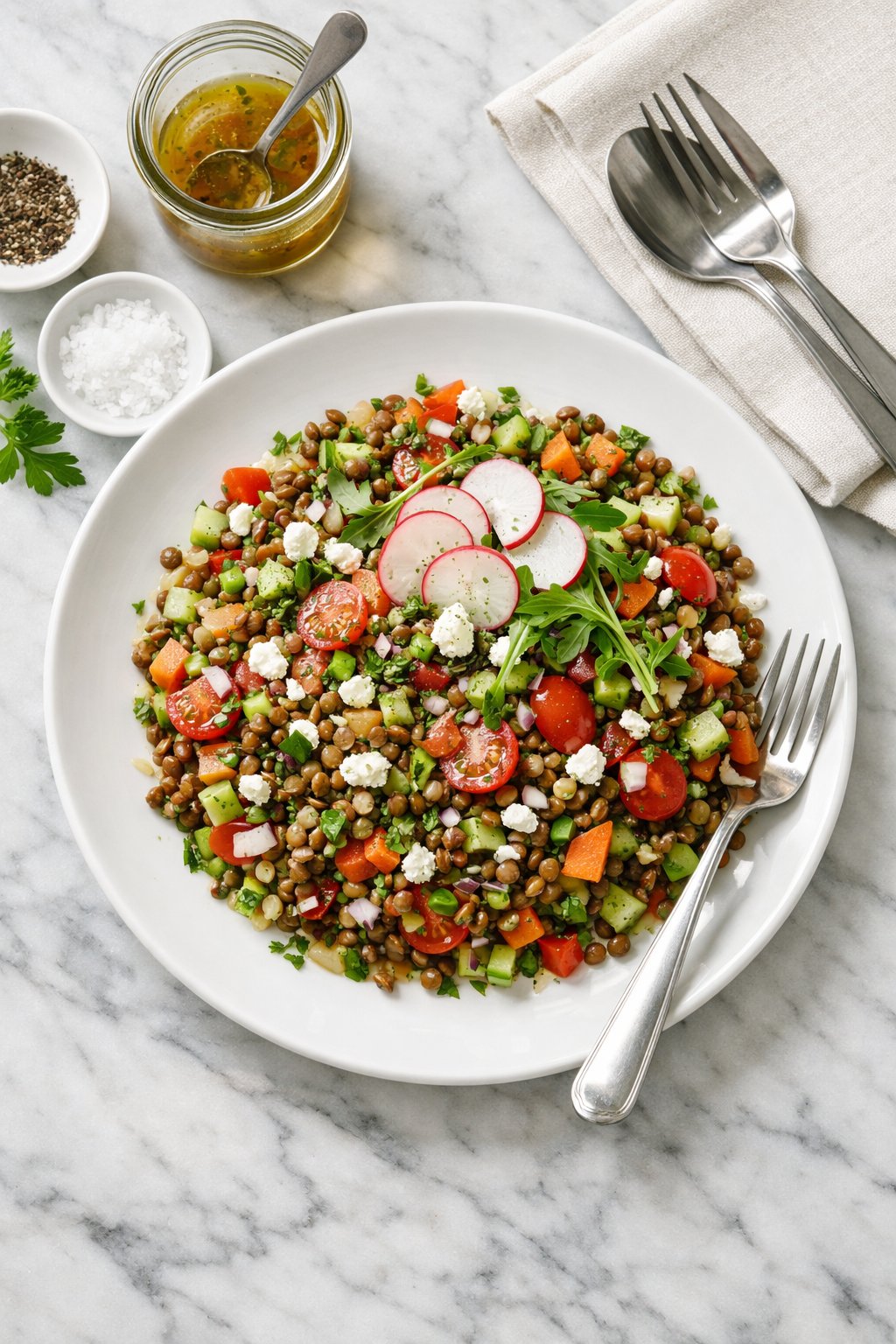 An overheard picture view of a plate of French Bistro Lentil Salad sitting on a marble countertop table in the kitchen, martha stewart food photography style.