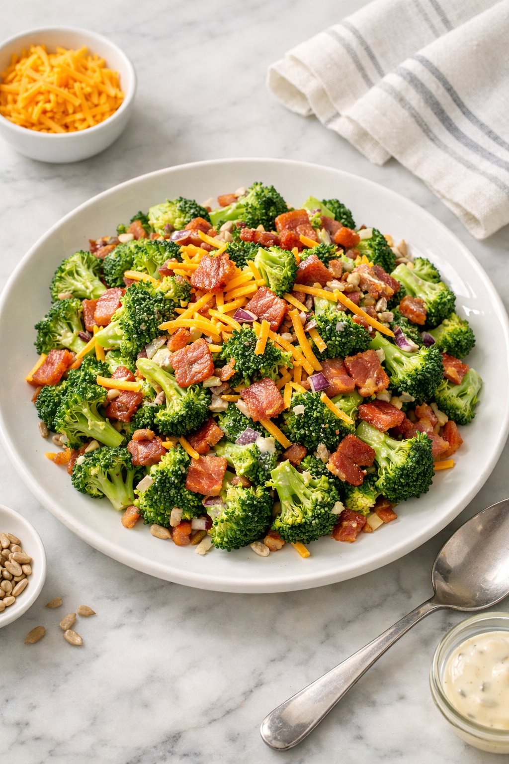 An overheard picture view of a plate of Broccoli Salad with Bacon and Cheddar sitting on a marble countertop table in the kitchen, martha stewart food photography style.