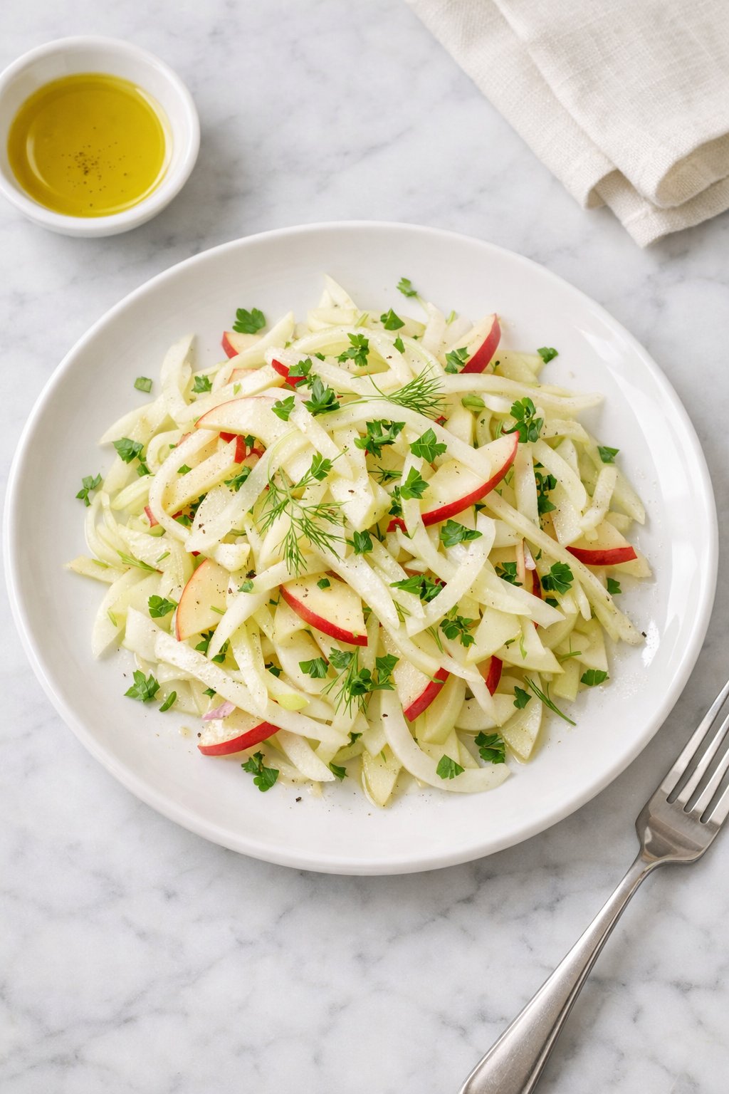 An overheard picture view of a plate of Shaved Fennel and Apple Slaw sitting on a marble countertop table in the kitchen, martha stewart food photography style.