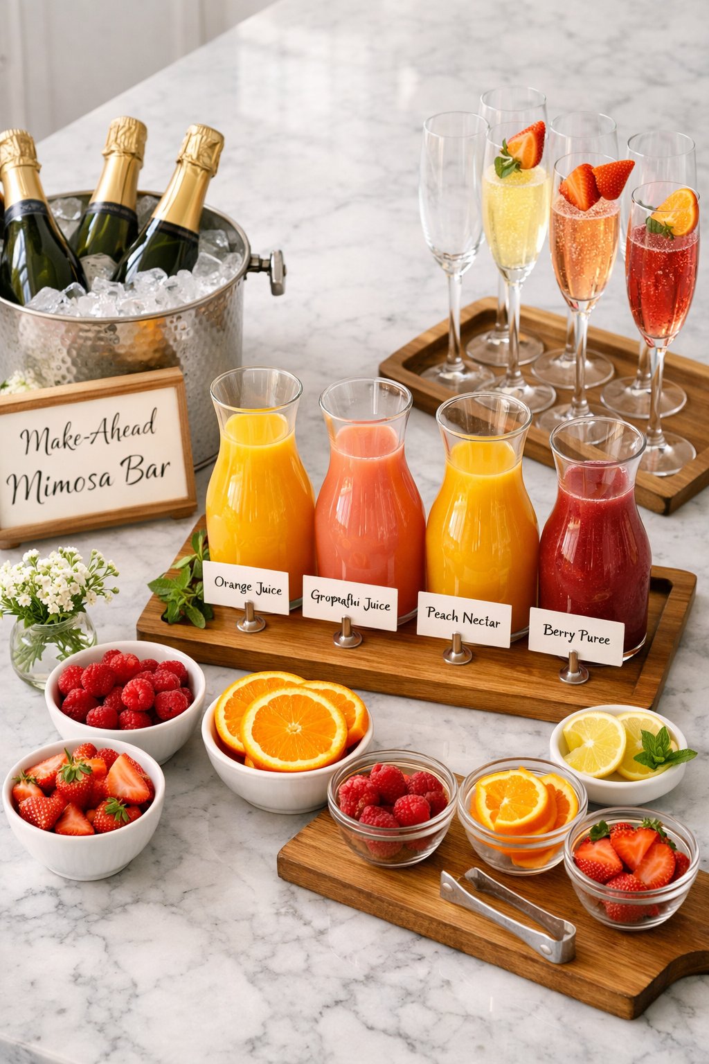 An overheard picture view of a plate of Make-Ahead Mimosa Bar sitting on a marble countertop table in the kitchen, martha stewart food photography style.