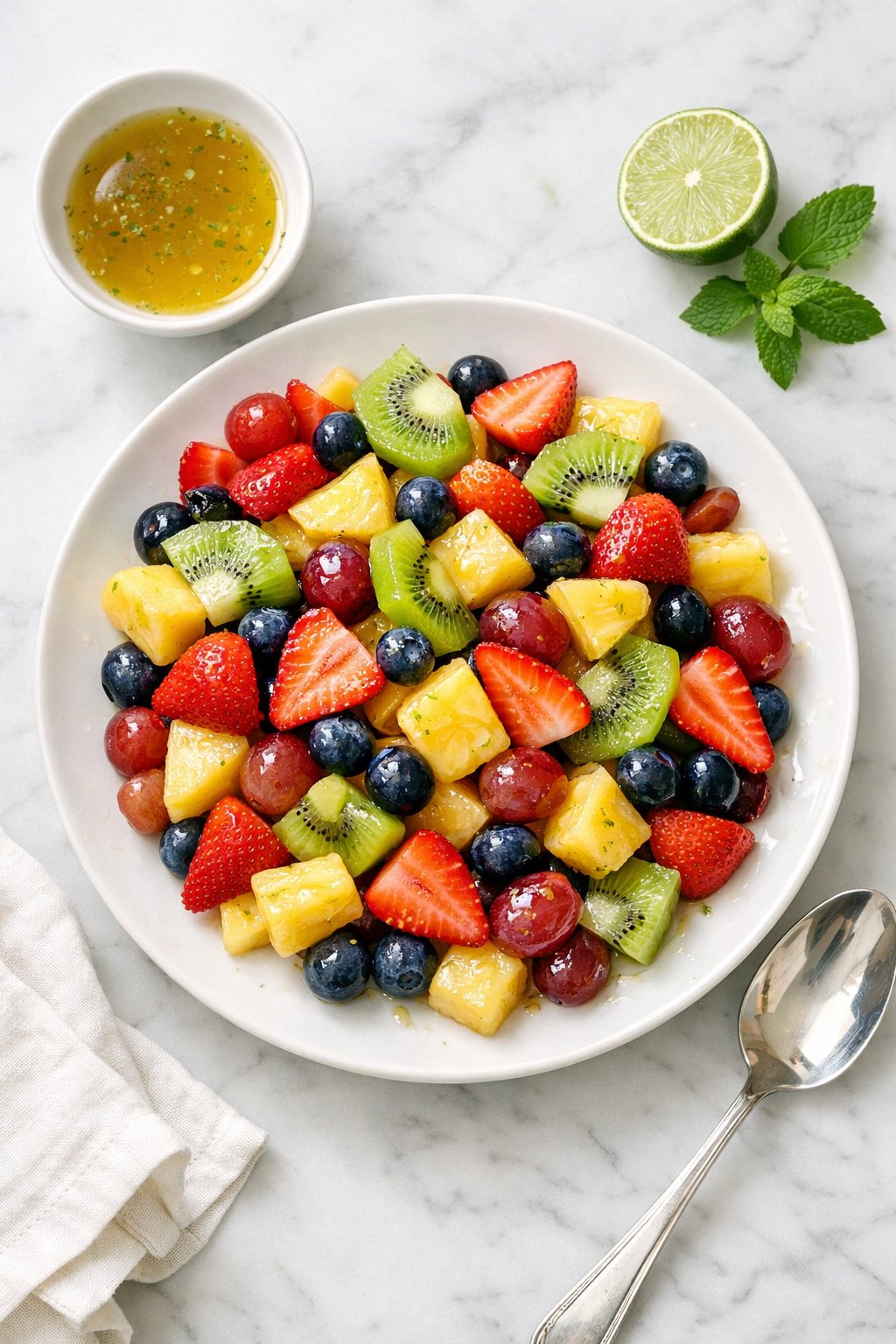 An overheard picture view of a plate of Make-Ahead Fruit Salad with Honey Lime Dressing sitting on a marble countertop table in the kitchen, martha stewart food photography style.