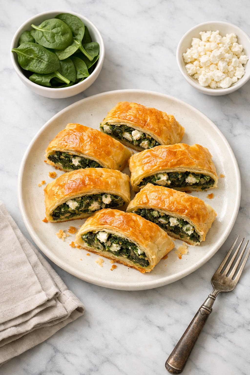 An overheard picture view of a plate of Make-Ahead Spinach and Feta Strudel sitting on a marble countertop table in the kitchen, martha stewart food photography style.