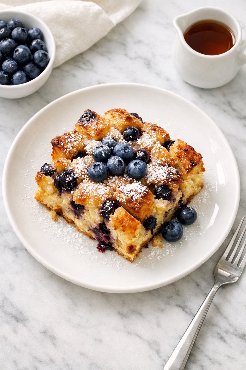 An overheard picture view of a plate of Overnight Blueberry French Toast Casserole sitting on a marble countertop table in the kitchen, martha stewart food photography style.