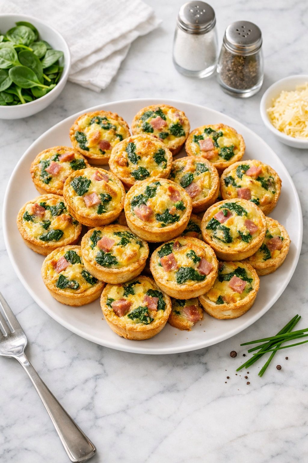 An overheard picture view of a plate of Make-Ahead Mini Quiche Bites sitting on a marble countertop table in the kitchen, martha stewart food photography style.