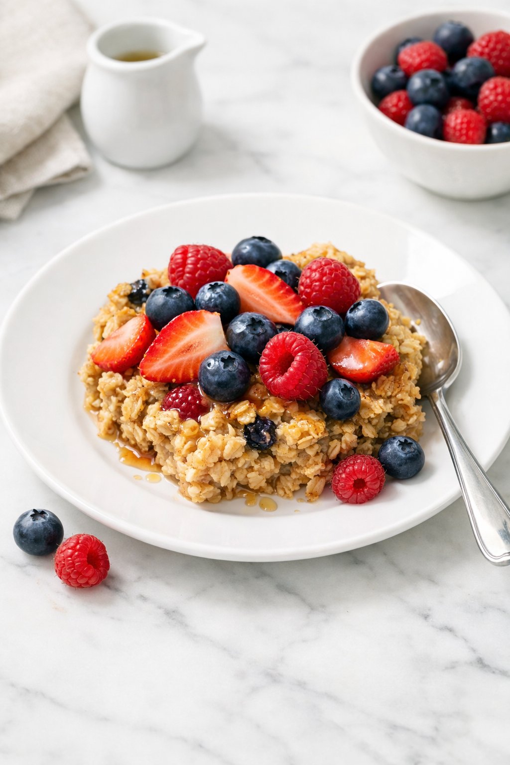 An overheard picture view of a plate of Overnight Baked Oatmeal with Berries sitting on a marble countertop table in the kitchen, martha stewart food photography style.