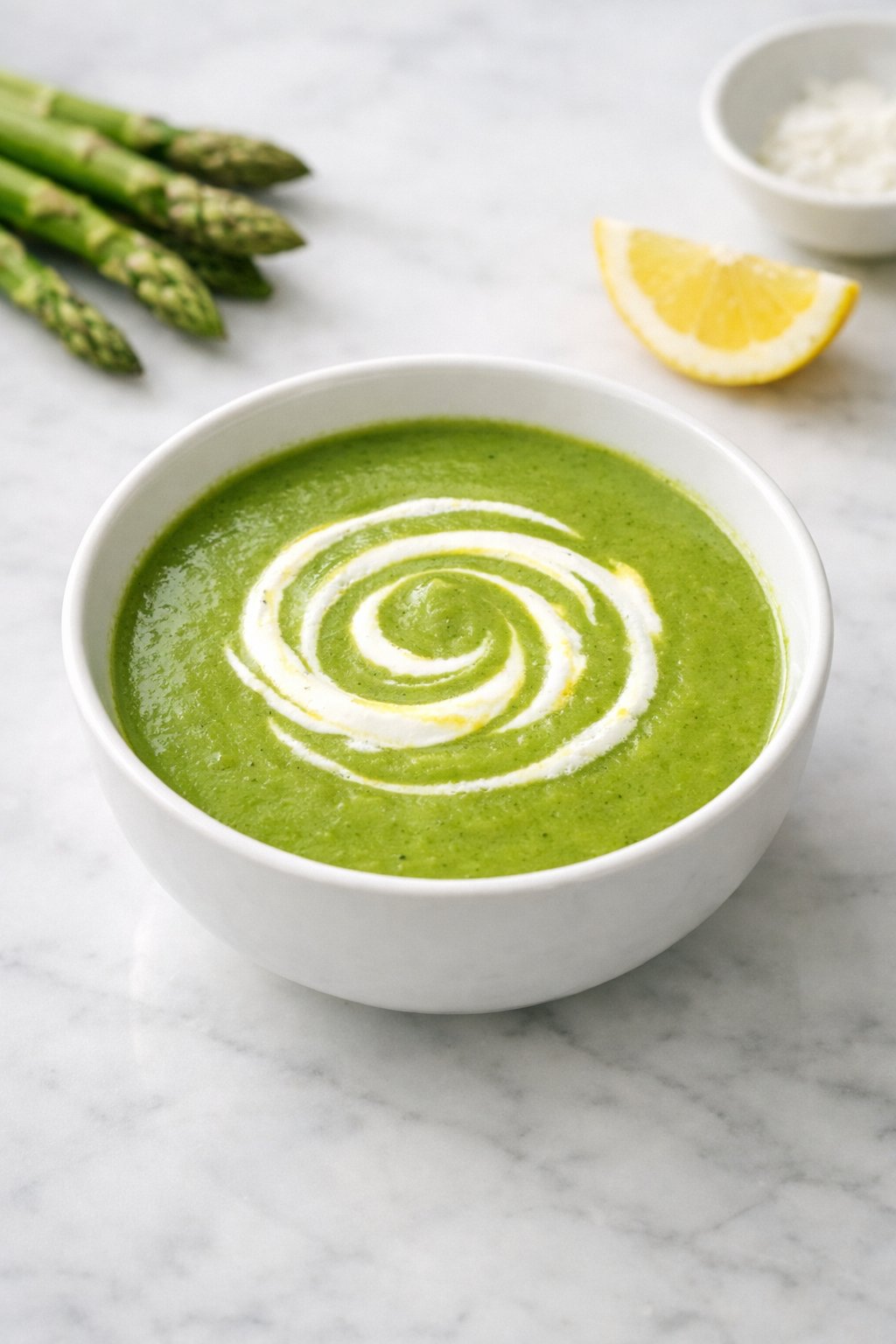 An overheard picture view of a plate of Chilled Asparagus Soup with Lemon Crème Fraîche sitting on a marble countertop table in the kitchen, martha stewart food photography style.